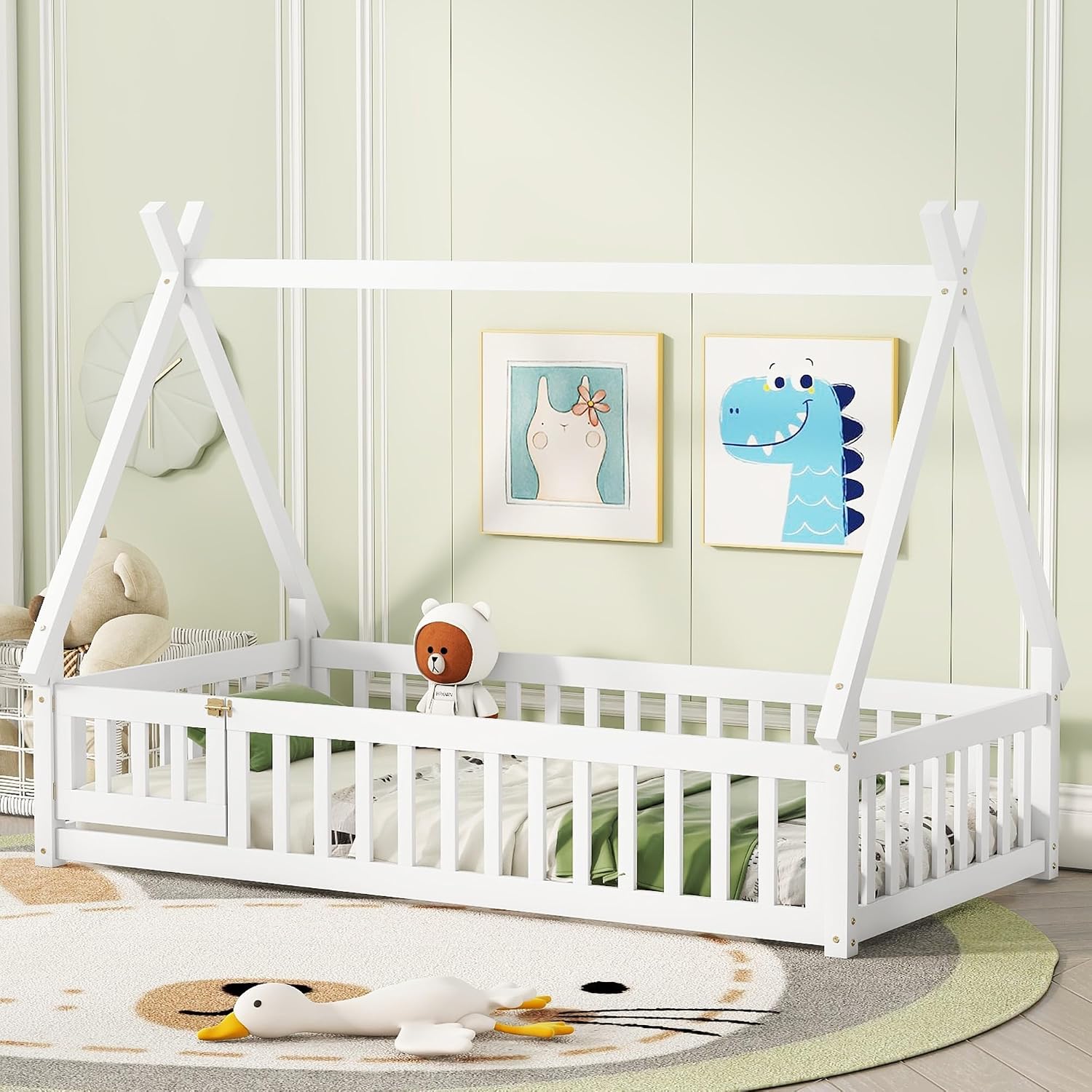 Bellemave Twin Size Tent Floor Bed for Kids,Solid Wood Teepee Montessori Floor Bed Frame with Door and Slats for Girls Boys(Twin,White)