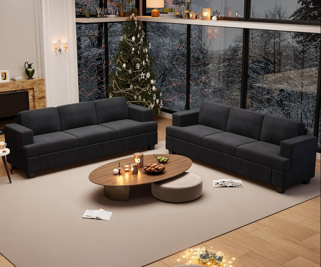 Fiona's magic 6 Seats Couch Set, 2 Piece Set Comfy Sofa, 3 Seater Sofa*2 with Deep Seats for Living Room, Modern Sleeper Couch, Black Corduroy