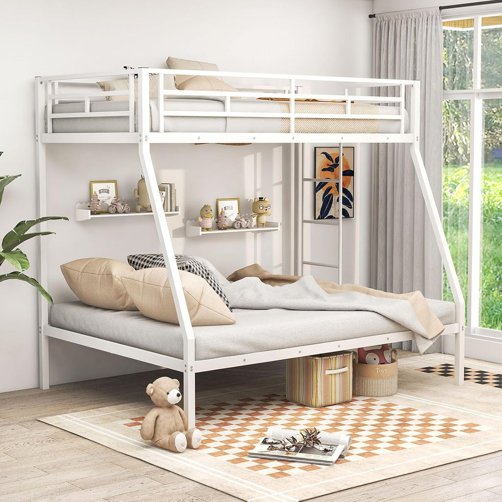 DORTALA Twin Over Full Bunk Bed, Metal Bunk Bed Frame w/Ladder, Safety Rail & Steel Slats, Space-Saving Bunk Beds for Kids Teens Adults, Noise Free for Dorm Bedroom, No Box Spring Needed, White