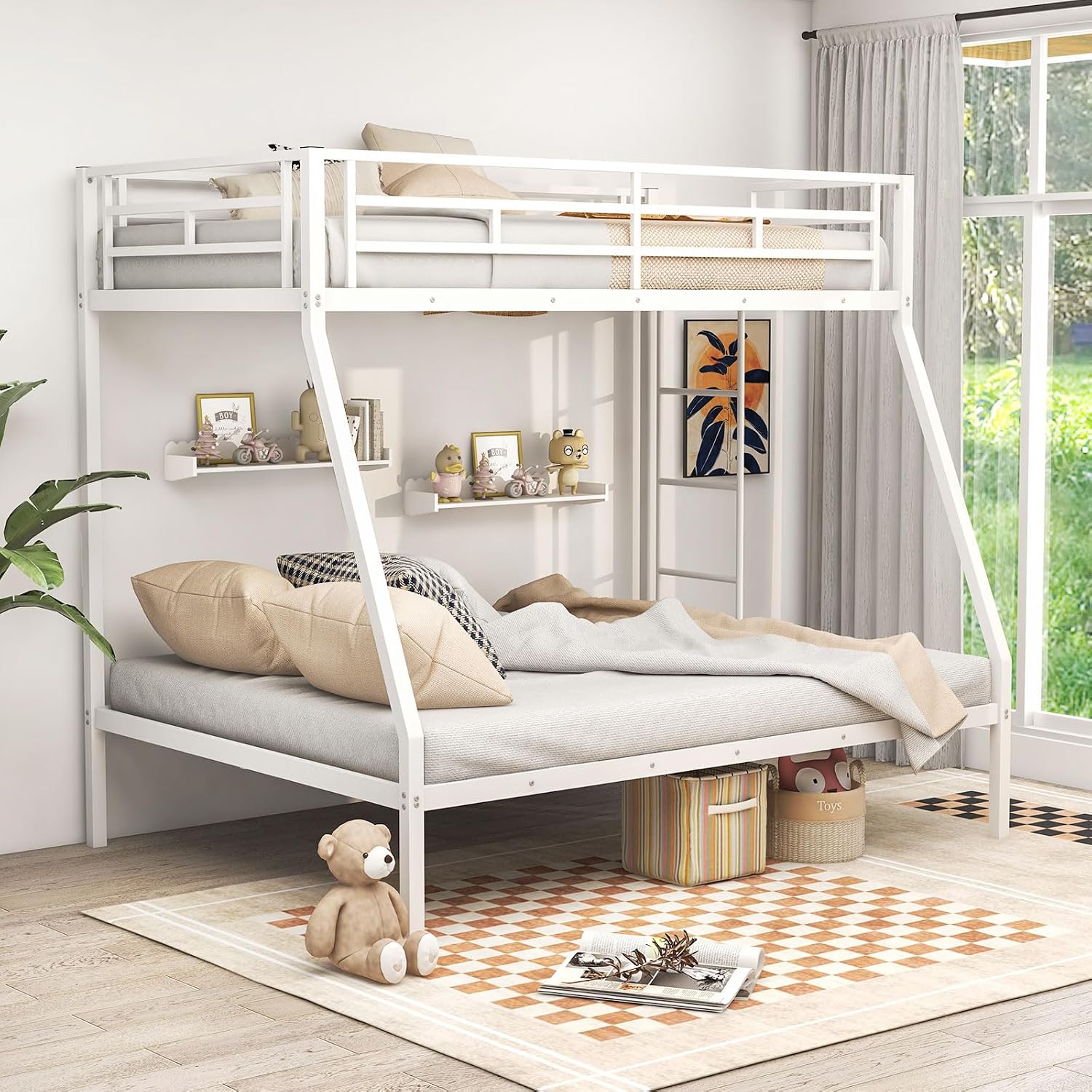 DORTALA Twin Over Full Bunk Bed, Metal Bunk Bed Frame w/Ladder, Safety Rail & Steel Slats, Space-Saving Bunk Beds for Kids Teens Adults, Noise Free for Dorm Bedroom, No Box Spring Needed, White