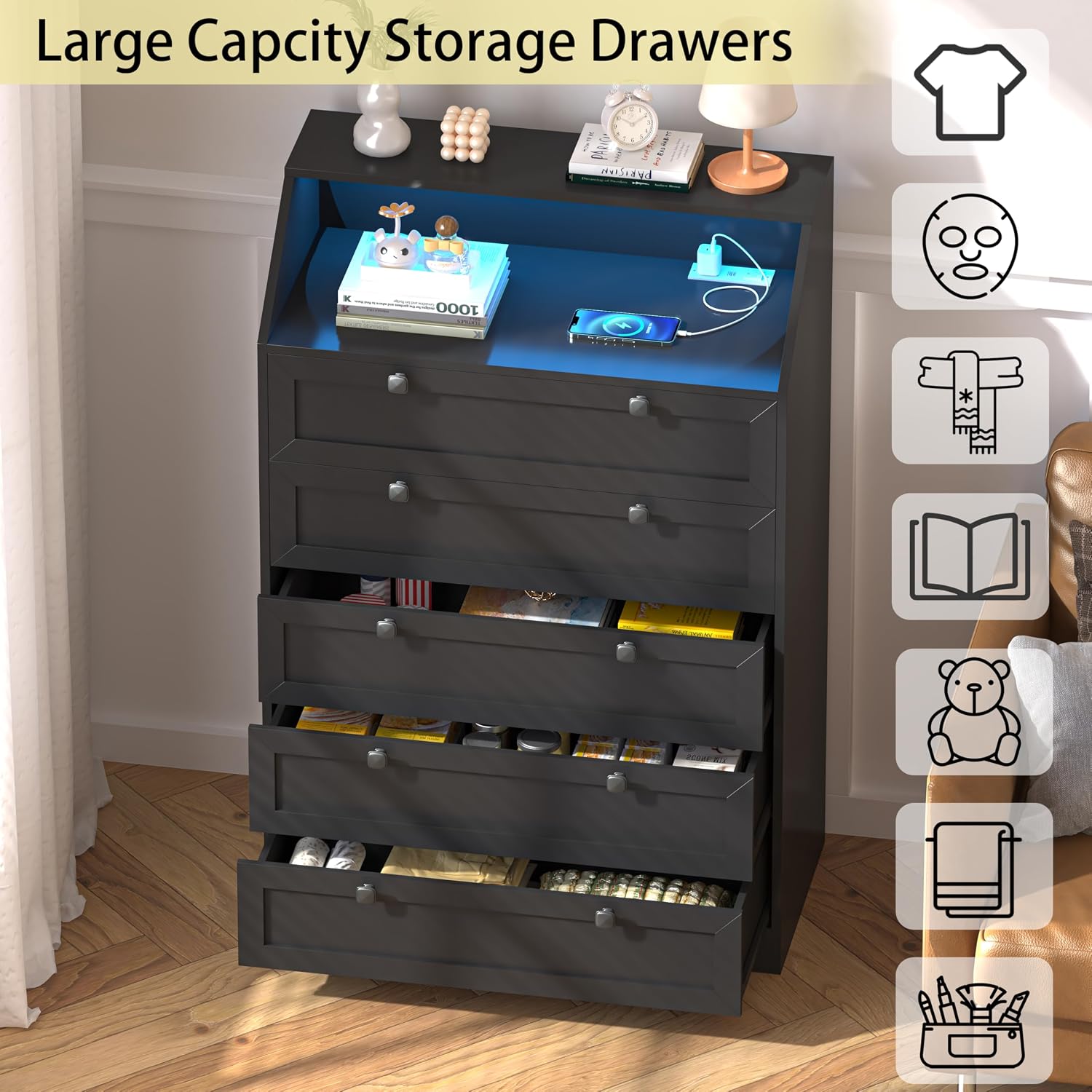 Wodeer Black Dresser Tall 5 Drawer Dresser for Bedroom, Wood Chest of Drawers with LED Lights, Charging Station, Metal Handles, Modern Storage Cabinet and Organizer Drawers for Living Room, Hallway
