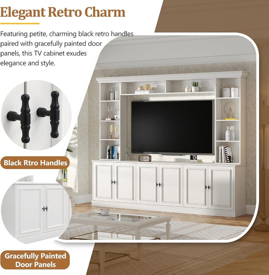 97.4' Entertainment Center Wall Unit with Bookshelves, 4-Piece Modern TV Stand for TVs up to 70' with 6 Doors & Adjustable Shelves for Living Room, White