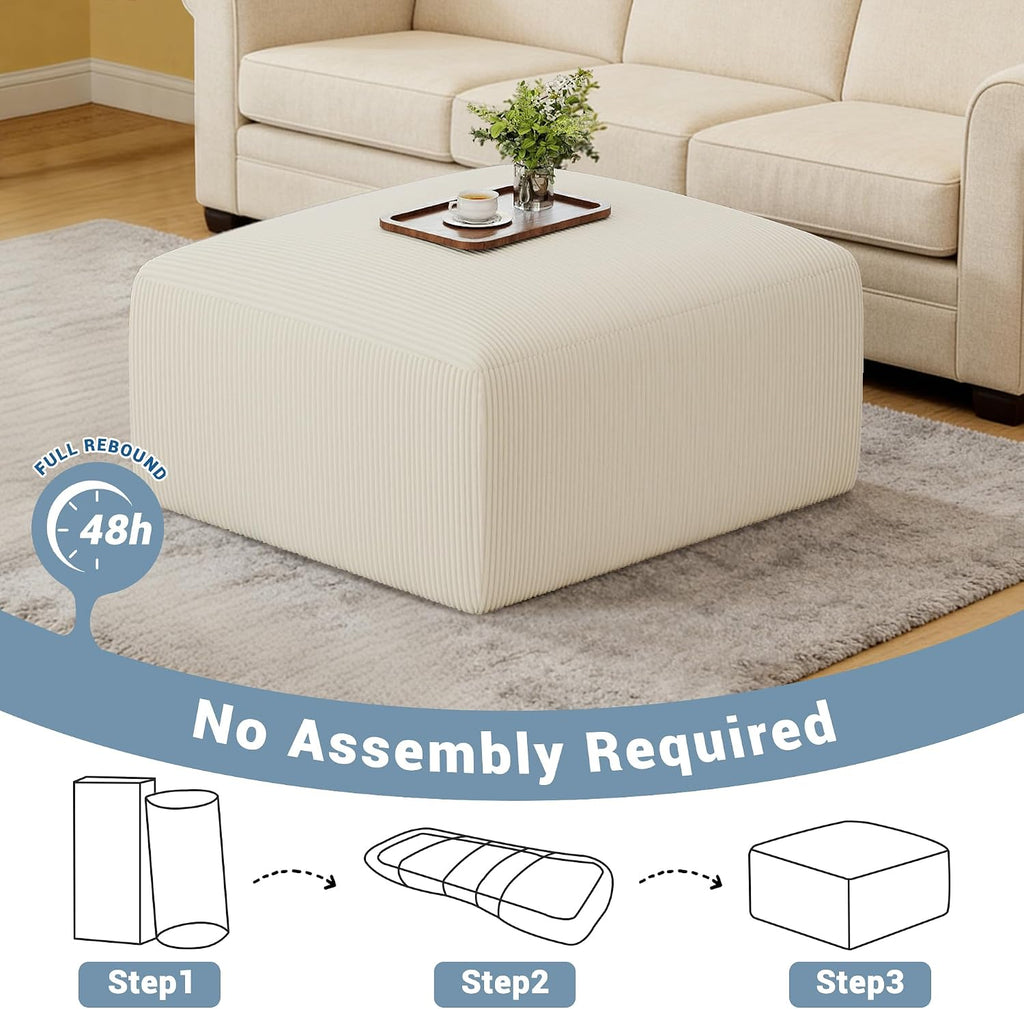 40' Oversized Large Square Corduroy Ottoman Pouf - Poofy Plush Foot Rest with Foam Chunk Filling, Movable Floor Pouf Footstool & Ottoman Coffee Table for Living Room Couch Bedroom, Beige (2 Pieces)