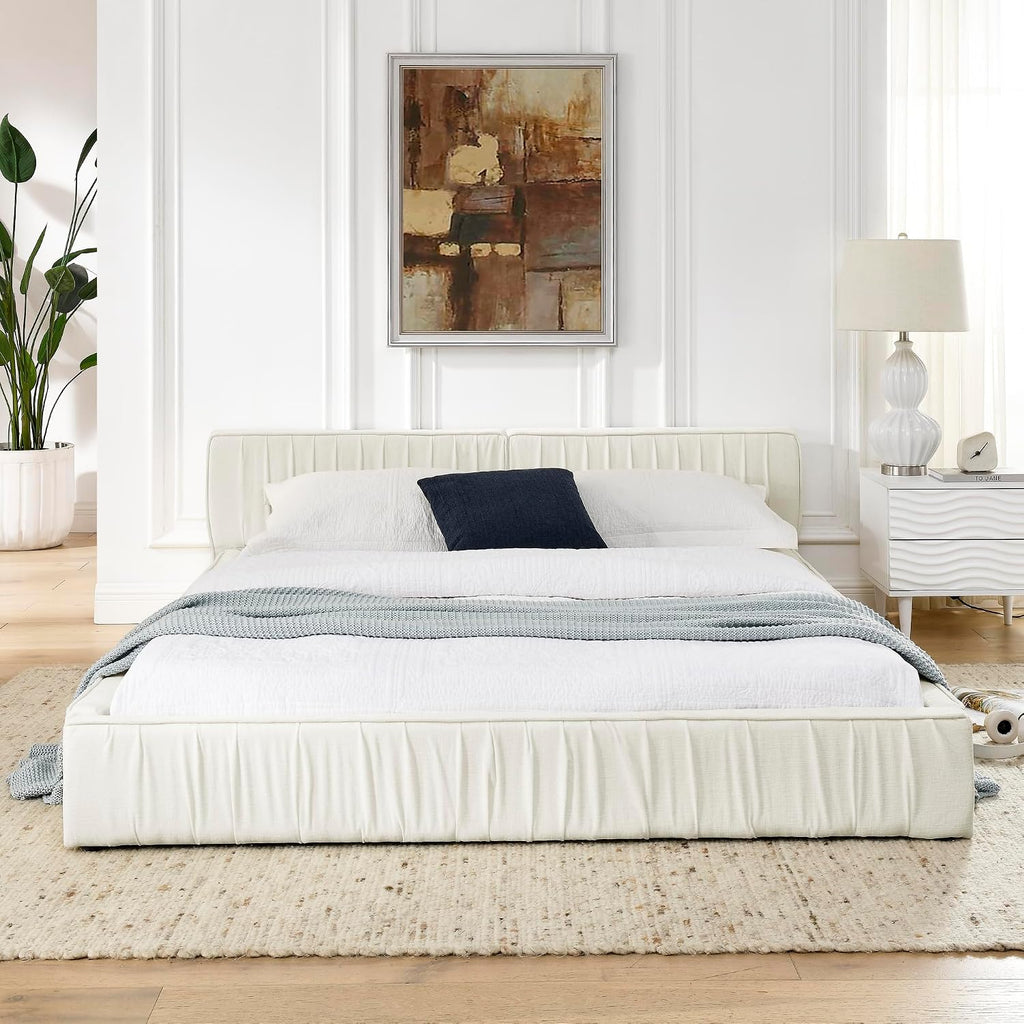 KLMM Queen Size Upholstered Bed Frame with Chenille Fabric with Pleated Design,Grounded Platform Bed with Headboard and Solid Frame,for Bedroom Use (Beige/Chenille, Queen)