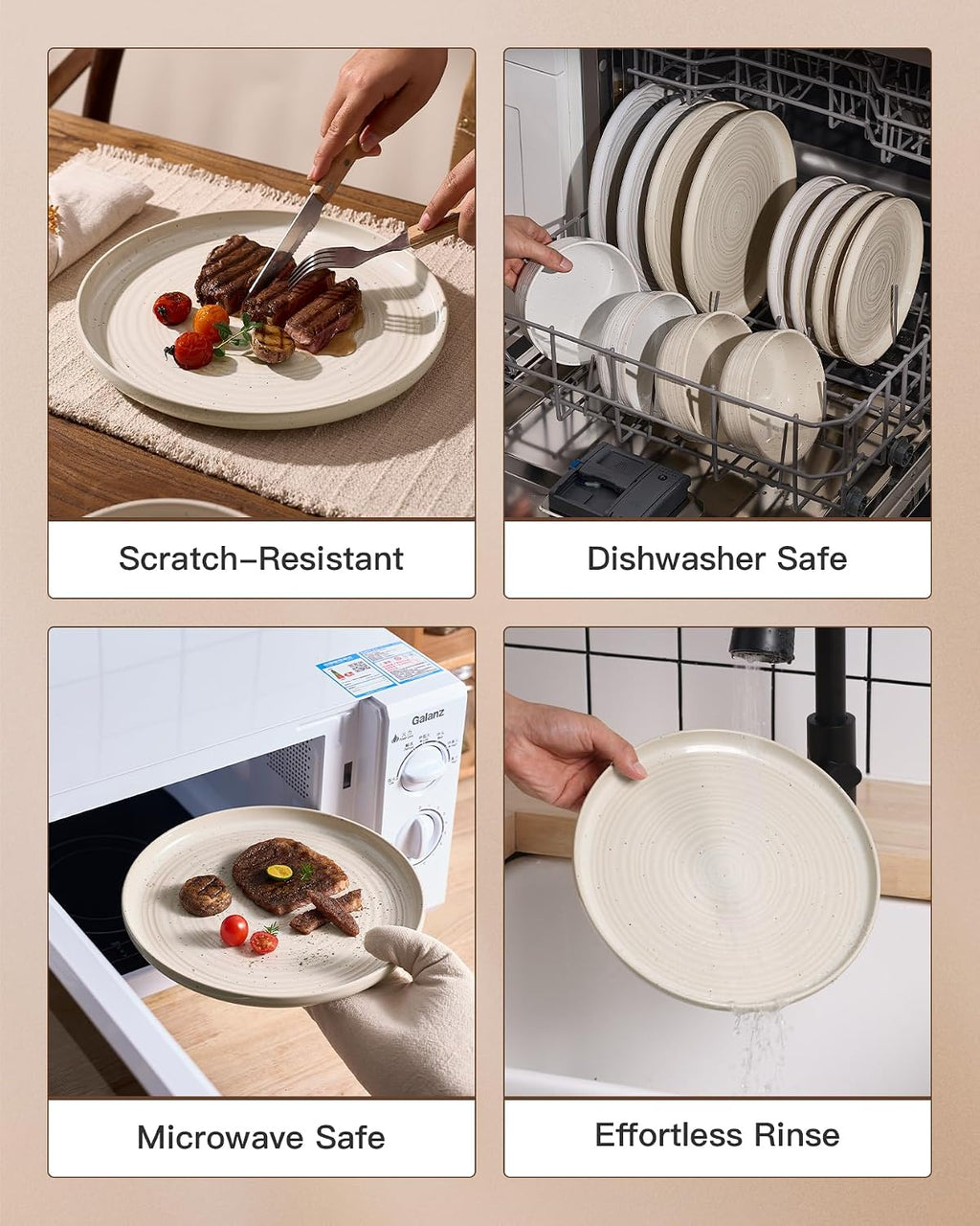 18-Piece Stoneware Reactive Glaze Dinnerware Set, Flared Plates & Bowls with Speckles & Spirals, Chip & Scratch Resistant Dishes, Dishwasher Safe, Service for 6, Gift Box, Shell Beige