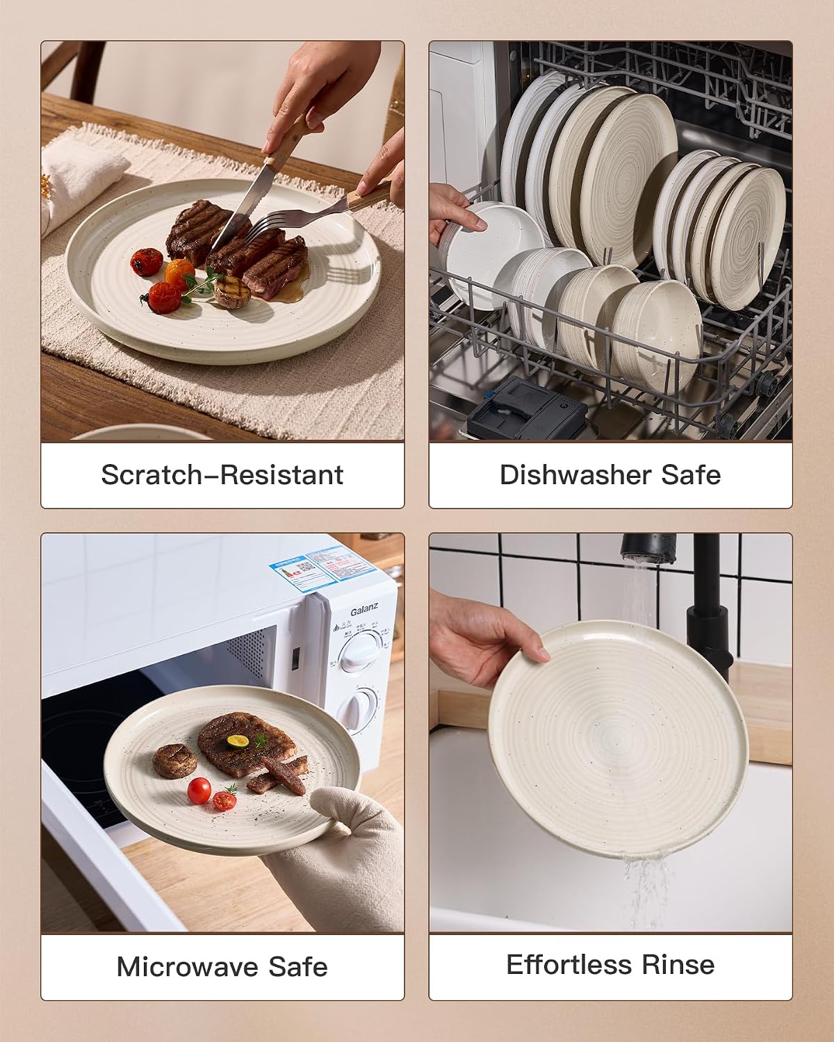 24-Piece Stoneware Reactive Glaze Dinnerware Set, Flared Plates & Bowls with Speckles & Spirals, Chip & Scratch Resistant Dishes, Dishwasher Safe, Service for 8, Gift Box, Shell Beige