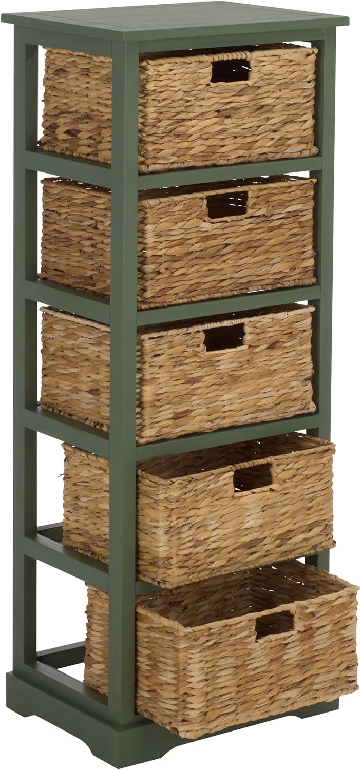 SAFAVIEH Furniture - Vedette 5-Basket Storage Tower - Dusty Green - Solid Wood - Coastal Basket Tower Design - Ideal for Entryway, Living Room, 17.5' W x 13.5' D x 46' H - Fully Assembled (AMH5739J)