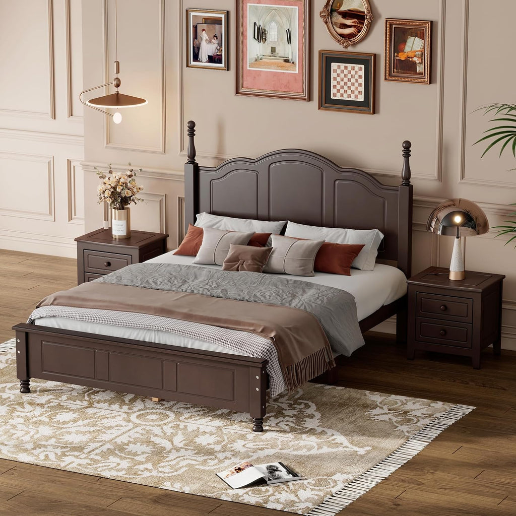 3 Piece Full Bedroom Set, 3 Pieces Bedroom Sets Full Size Wood Platform Bed and 2 Nightstands, 3 Piece Wood Bedroom Furniture Set, Dark Walnut