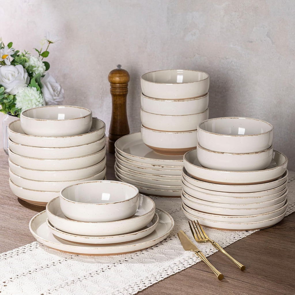 AmorArc Dinnerware Sets with Pasta Bowls for 6, Handpainted Stoneware Plates and Bowls Set with Rustic Terracotta Underside, Scratch Resistant Dishes Set, Dishwasher & Microwave Safe, 24 Pcs