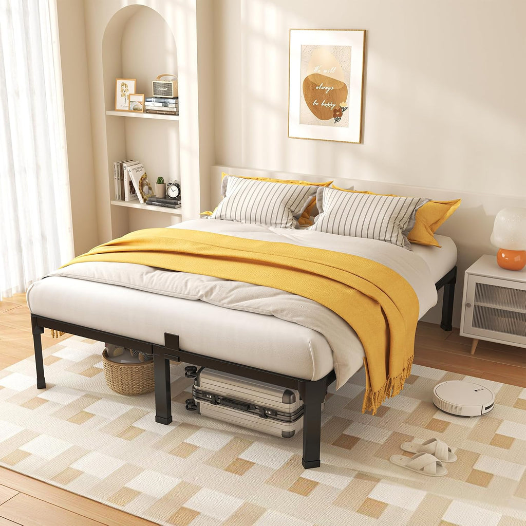 ROIL 18 Inch Queen Size Bed Frame with Mattress Slide Stopper - Double Black Basic Anti Squeak Steel Slats Metal Platform, Heavy Duty Noise Free Easy Assembly Bedframes, No Box Spring Needed