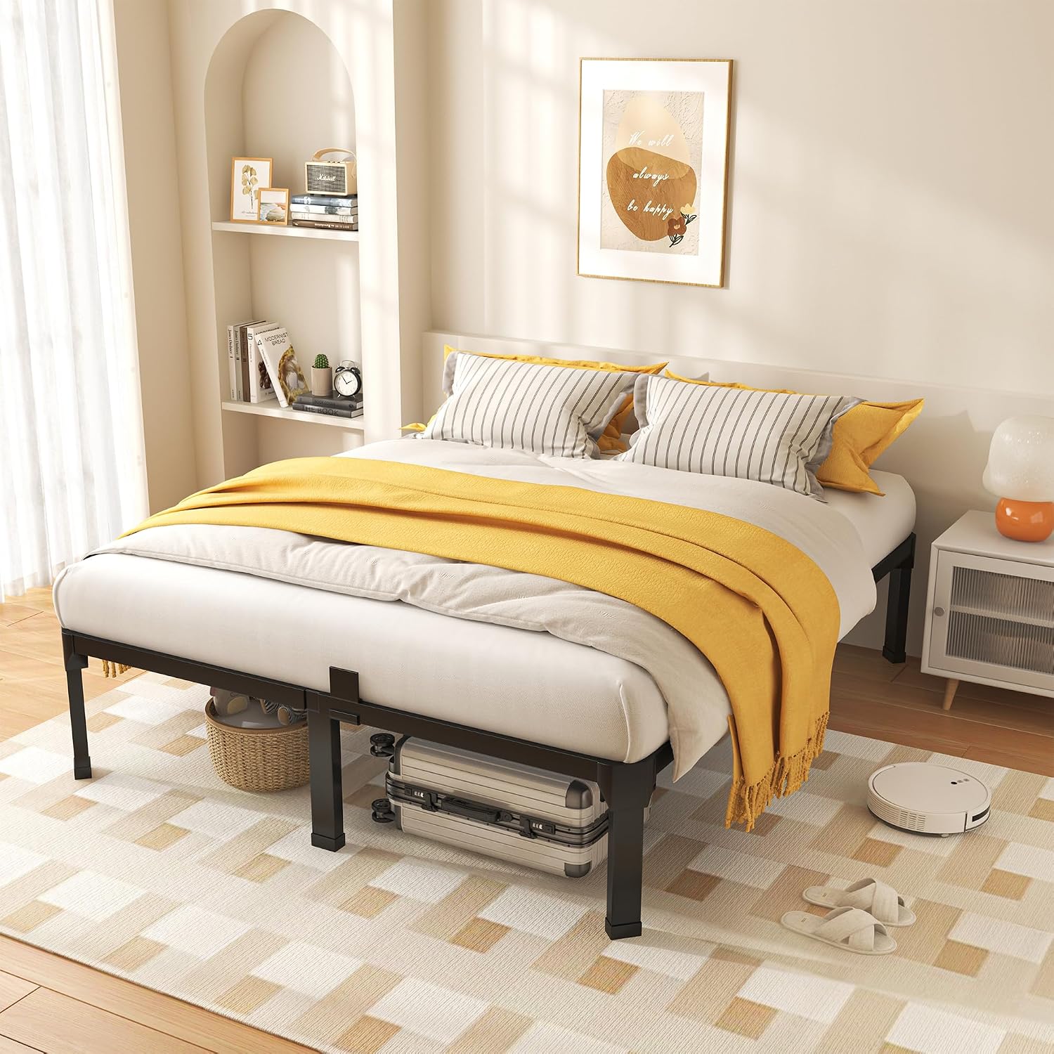 ROIL 18 Inch Queen Size Bed Frame with Mattress Slide Stopper - Double Black Basic Anti Squeak Steel Slats Metal Platform, Heavy Duty Noise Free Easy Assembly Bedframes, No Box Spring Needed