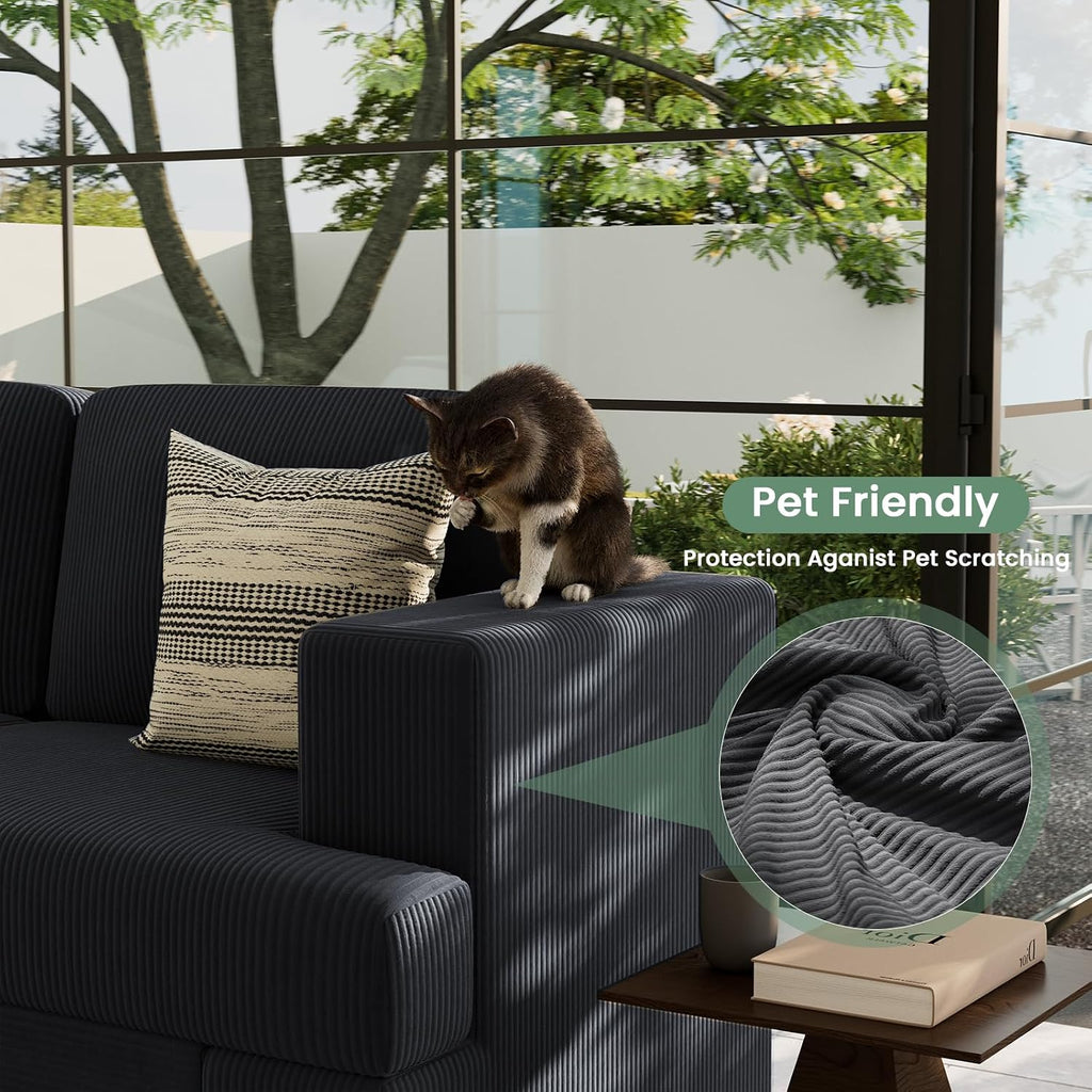 Fiona's magic 6 Seats Couch Set, 2 Piece Set Comfy Sofa, 3 Seater Sofa*2 with Deep Seats for Living Room, Modern Sleeper Couch, Black Corduroy