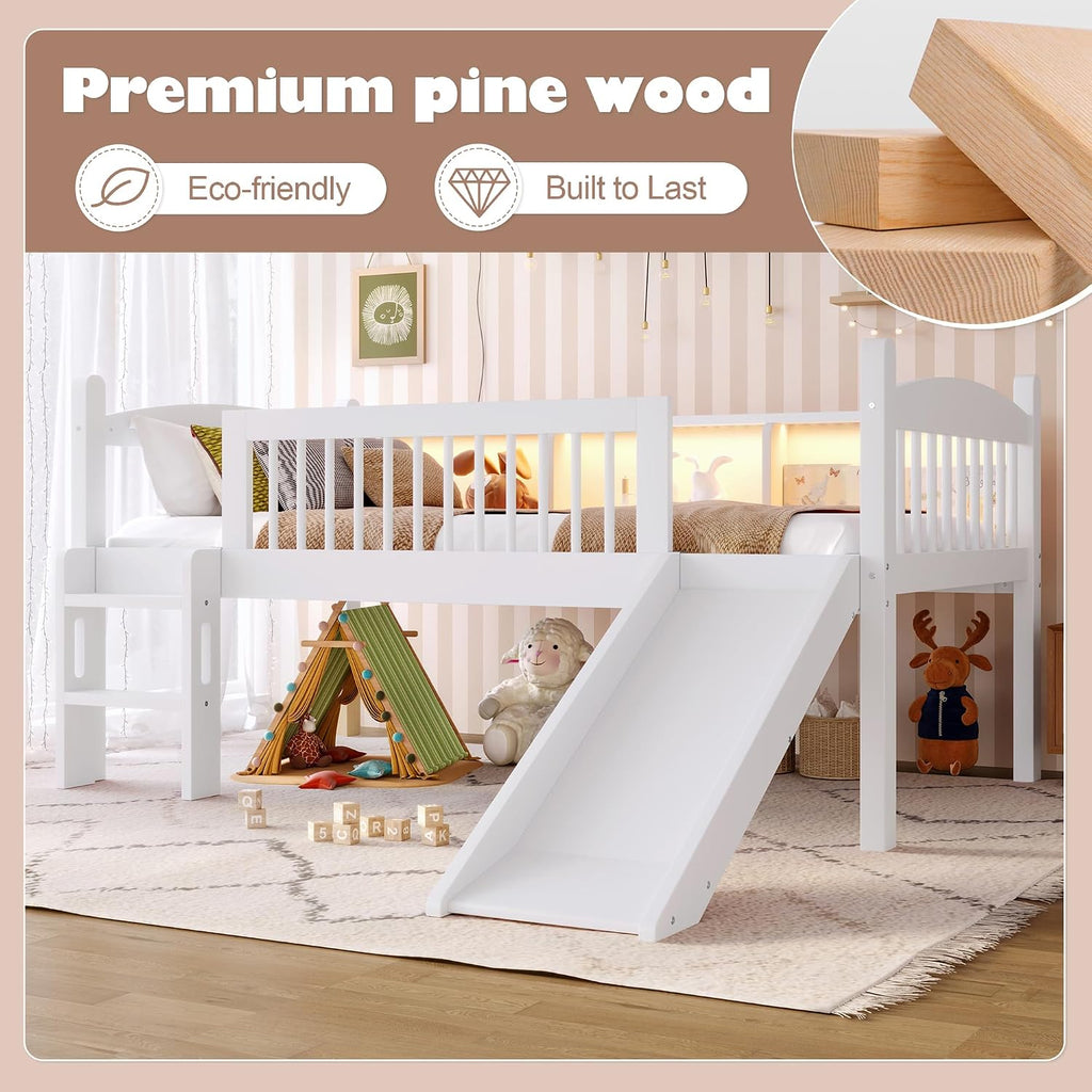 JIVOIT Twin Loft Bed with Storage Shelves, Solid Wood Lower Loft Bed with Full-Length Guardrails, Wood Slats Support, Space-Saving Design, No Box Spring Needed (White,Twin,51)
