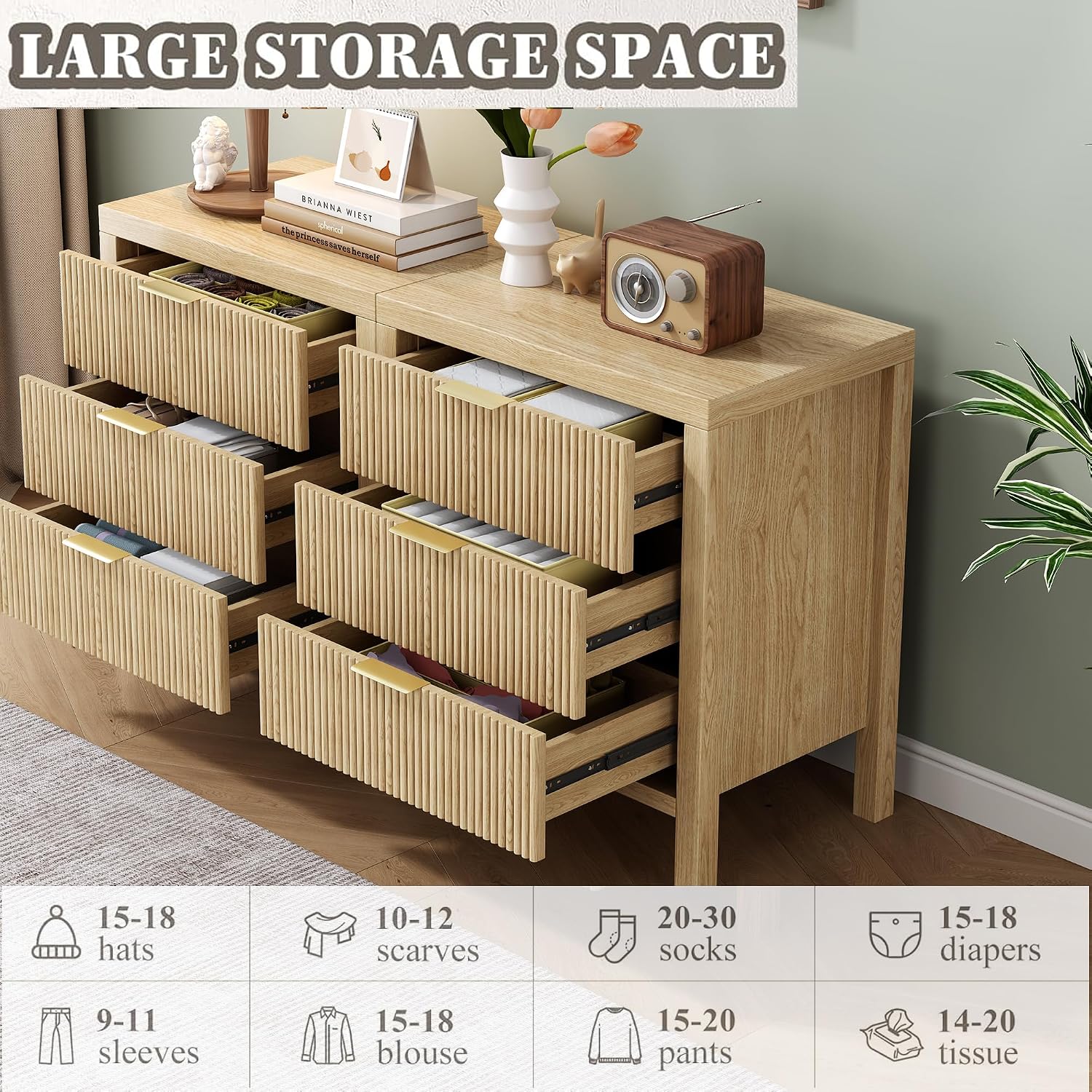 Nightstand with 6 Drawers, Dresser and Nightstand Sets, Bedside Tables, Mid Century Nightstands with 6 Wide Drawers for Bedroom, Kids' Room, Hallway, (Natural X 2pcs)