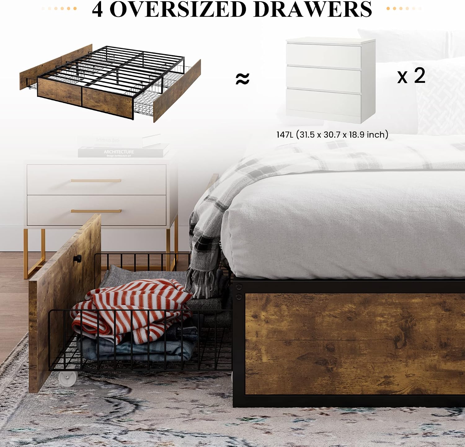 SHA CERLIN Queen Platform Bed Frame with Storage Drawers, Sturdy Metal and Wood Construction, Modern Design, No Box Spring Needed, Easy Assembly