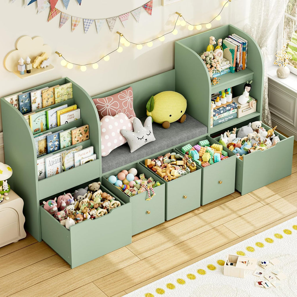 FOTOSOK 71' Kids Bookshelf with Reading Nook, Toy Storage Organizer with Seat Cushion and 2 Movable Drawers & 3 Fabric Toy Chests, Kids Reading Nook Toy Organizers and Storage with Bench for Playroom