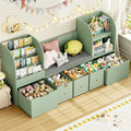 FOTOSOK 71' Kids Bookshelf with Reading Nook, Toy Storage Organizer with Seat Cushion and 2 Movable Drawers & 3 Fabric Toy Chests, Kids Reading Nook Toy Organizers and Storage with Bench for Playroom