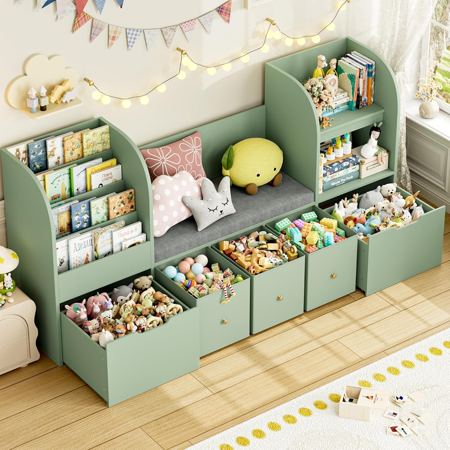 FOTOSOK 71' Kids Bookshelf with Reading Nook, Toy Storage Organizer with Seat Cushion and 2 Movable Drawers & 3 Fabric Toy Chests, Kids Reading Nook Toy Organizers and Storage with Bench for Playroom