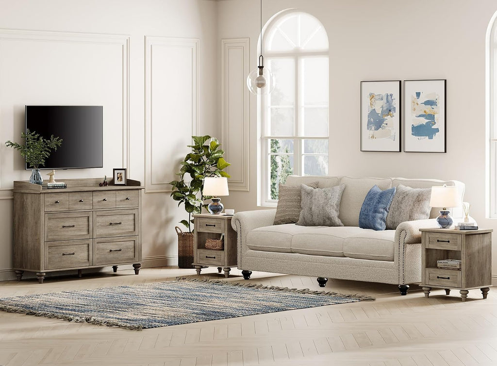 WAMPAT 3 Piece Bedroom Set - Includes 6 Drawer Dresser, Set of 2 Farmhouse Nightstands with Charging Station & Drawers & Cubby, 3 Piece Dresser and Nightstand Sets, Grey