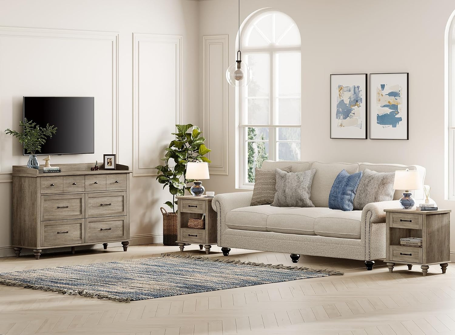 WAMPAT 3 Piece Bedroom Set - Includes 6 Drawer Dresser, Set of 2 Farmhouse Nightstands with Charging Station & Drawers & Cubby, 3 Piece Dresser and Nightstand Sets, Grey