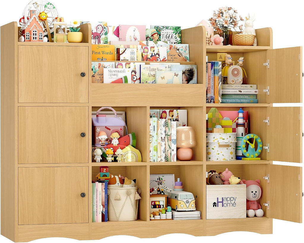 FINETONES Toy Shelf and Toy Storage, 55' Large Kids Bookshelf Toy Organizers and Storage with 10 Cubbies and 4 Tier Shelf, Toy Organizer and Chest with Raised-Edge Top Shelf for Playroom, Natural