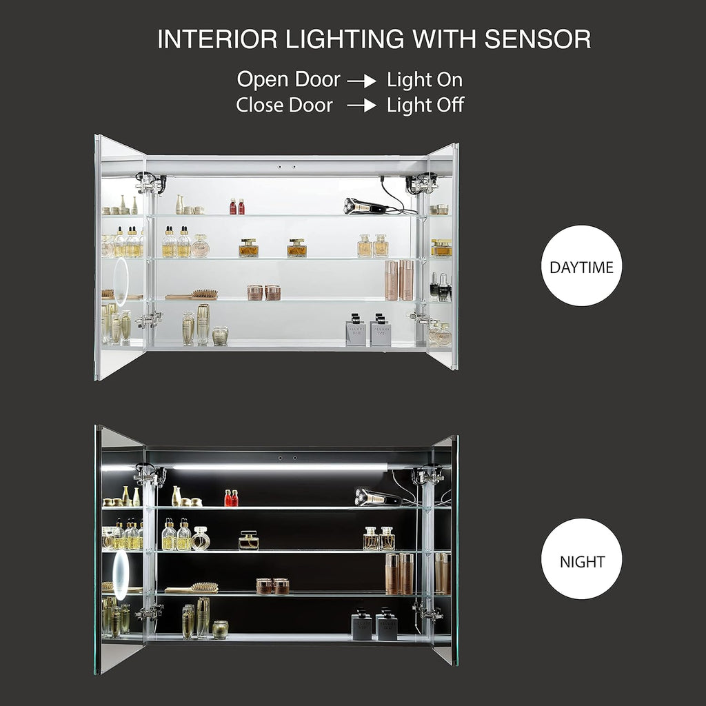 Blossom LED Mirror Medicine Cabinet with Lights, 48x32 Inch, Lighted Bathroom Mirror Medicine Cabinet with Defogger, Recessed/Surface 3X Makeup Mirror, Adjustable Brightness, Outlets & USB, A2(M)-48