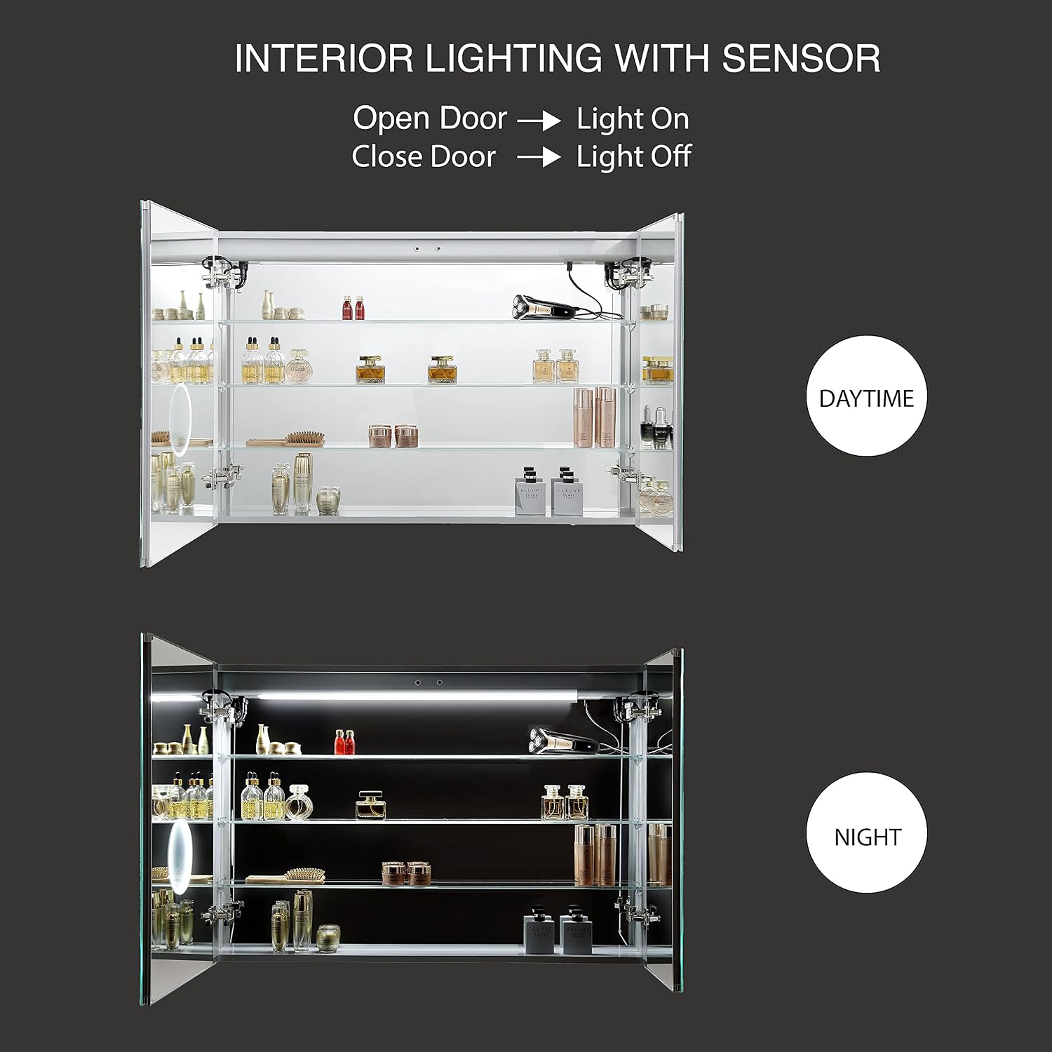 Blossom LED Mirror Medicine Cabinet with Lights, 48x32 Inch, Lighted Bathroom Mirror Medicine Cabinet with Defogger, Recessed/Surface 3X Makeup Mirror, Adjustable Brightness, Outlets & USB, A2(M)-48