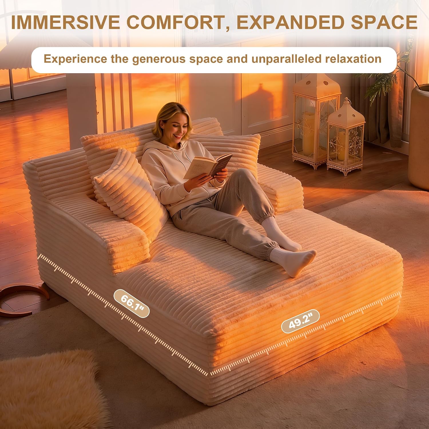Oversized Chaise Lounge Chair Indoor, 66' Cloud Boneless Sleeper Couch Corduroy Upholstered Sofa Bed Deep Seat Comfy Reading Chair with 3 Pillows for Living Room Bedroom, Beige