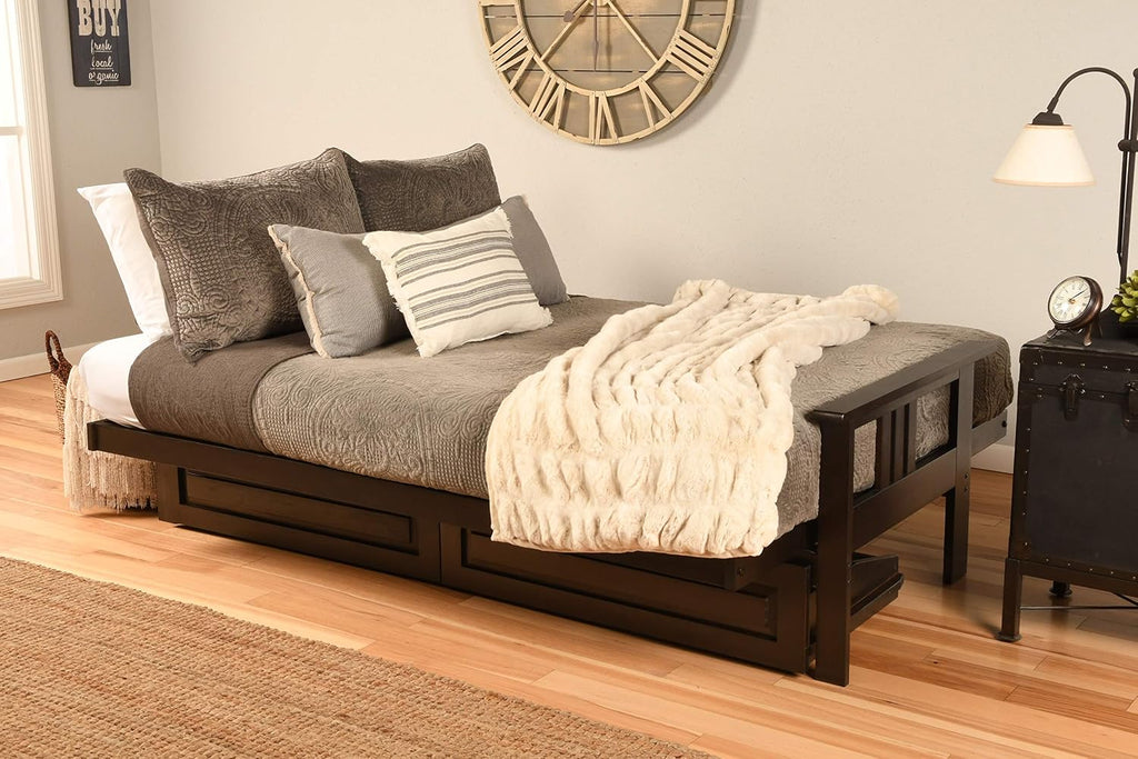 Kodiak Furniture Monterey Futon Set with Storage Drawers, with Espresso Base and Suede Black Mattress