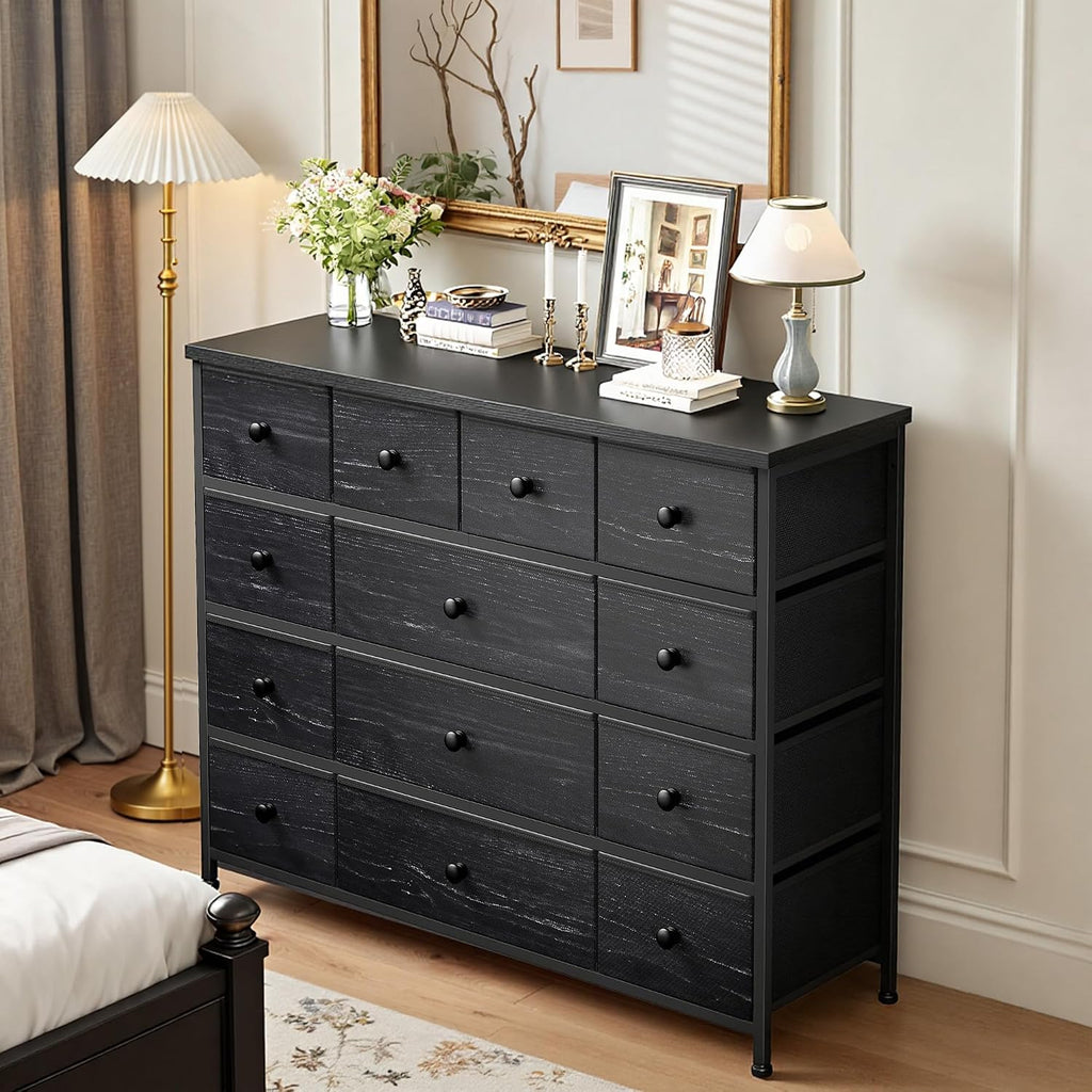 EnHomee Black Dresser with 13 Fabric Drawers TV Stand for Bedroom for 45 Inch TV Chests of Drawers for Living Room, Entryway, Wood Top and Sturdy Frame