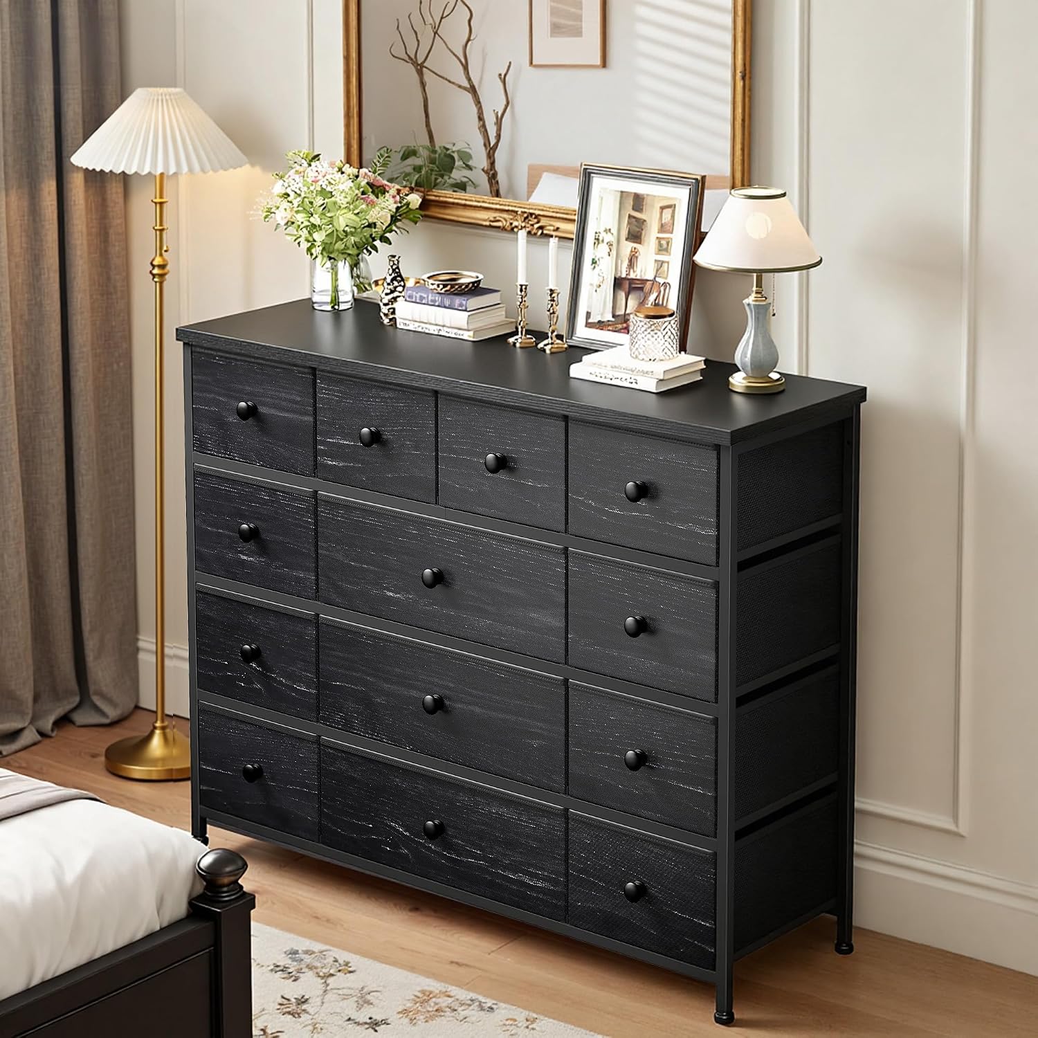 EnHomee Black Dresser with 13 Fabric Drawers TV Stand for Bedroom for 45 Inch TV Chests of Drawers for Living Room, Entryway, Wood Top and Sturdy Frame