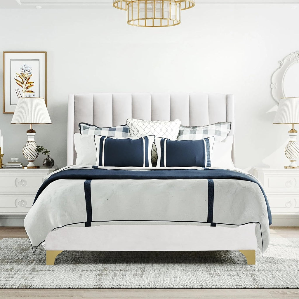 Greaton, Vinyl Upholstered Bed Frame, Decorative Attractive Headboard, Long Lasting Durable, Includes 3 Color Legs to Choose Gold, Silver and Black,Queen, White