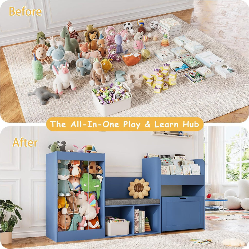 68.9'W Reading Nook, Kids Bookshelf, Toy Storage Organizer, Removable Building Baseplate Lid for Lego, Rolling Drawers, Stuffed Animal Storage, Bench and Removable Cushions for Playroom(Blue)