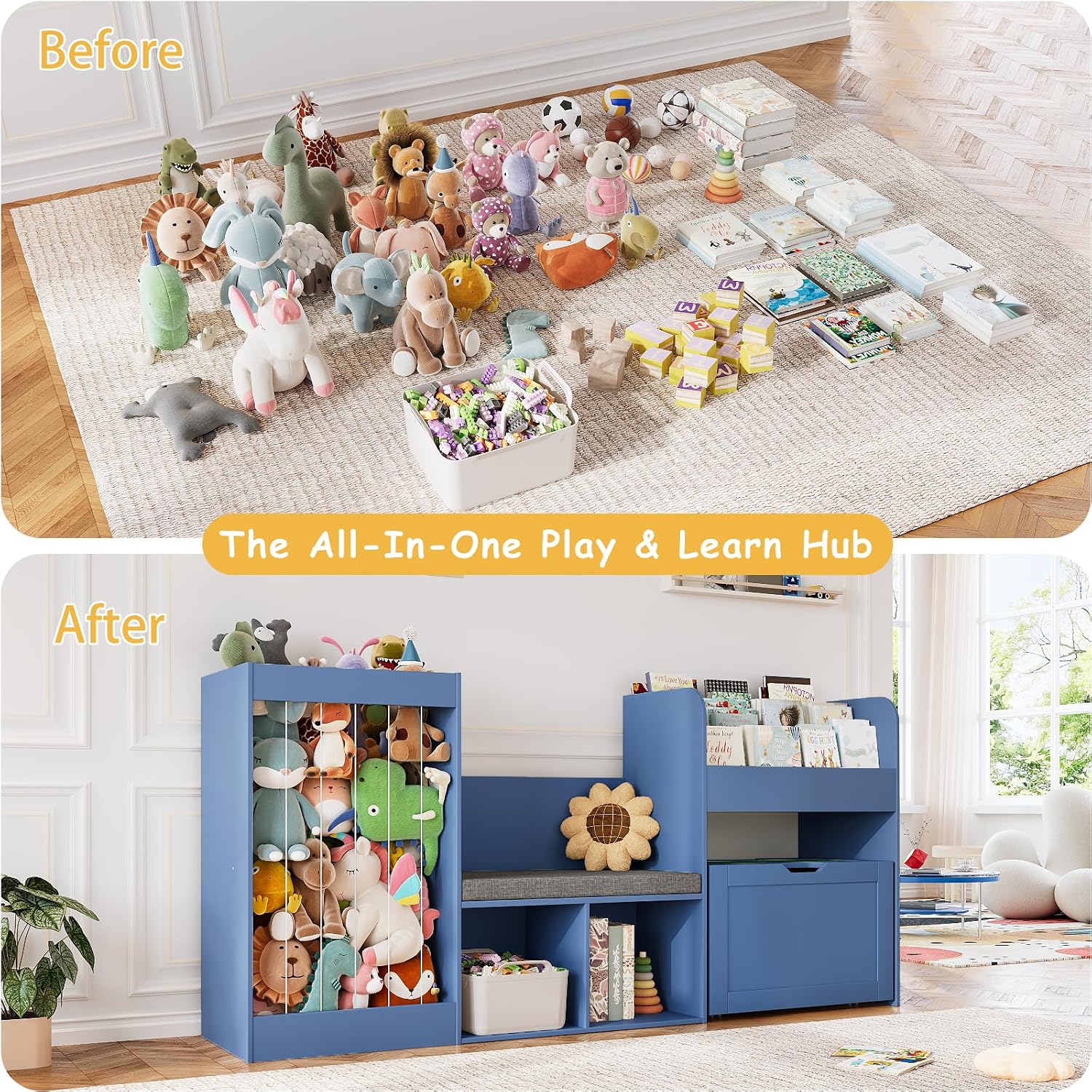 68.9'W Reading Nook, Kids Bookshelf, Toy Storage Organizer, Removable Building Baseplate Lid for Lego, Rolling Drawers, Stuffed Animal Storage, Bench and Removable Cushions for Playroom(Blue)