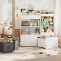 42.9'' Toy Storage, Large Stuffed Animal Holder with Toy Chest and Play Mat, Toy Organizer with Kids Bookshelf, Wooden Organization with 2 Movable Drawers for Kids Room Bedroom Playroom,White