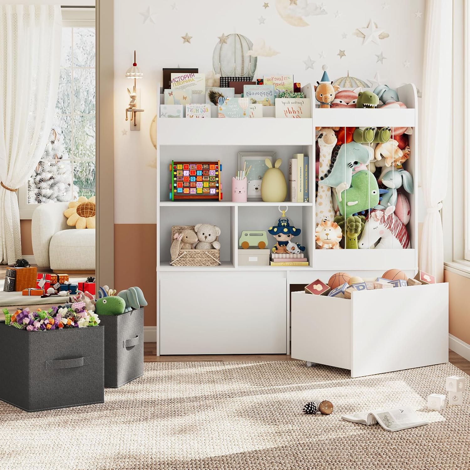 42.9'' Toy Storage, Large Stuffed Animal Holder with Toy Chest and Play Mat, Toy Organizer with Kids Bookshelf, Wooden Organization with 2 Movable Drawers for Kids Room Bedroom Playroom,White