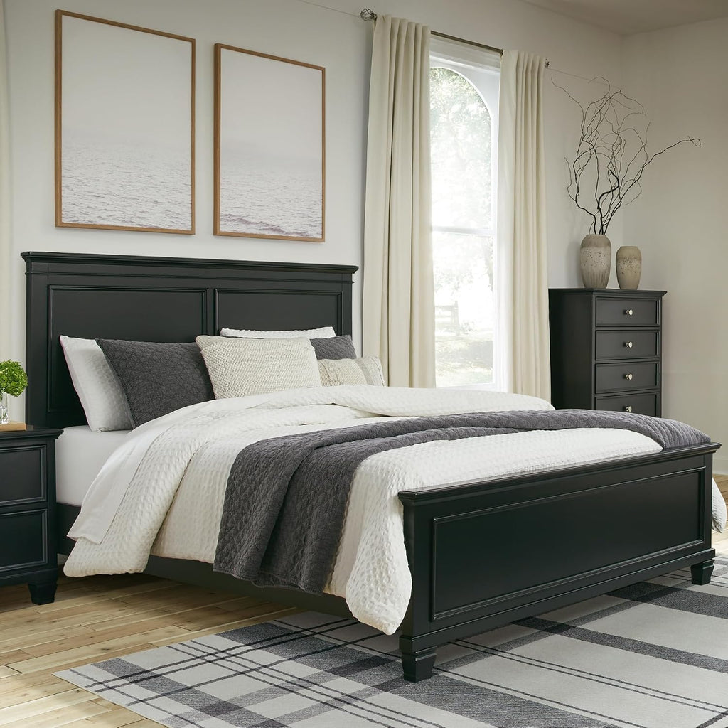 Signature Design by Ashley Lanolee Transitional Queen Panel Bed with Tapered Feet, Foundation or Box Spring Needed, Black