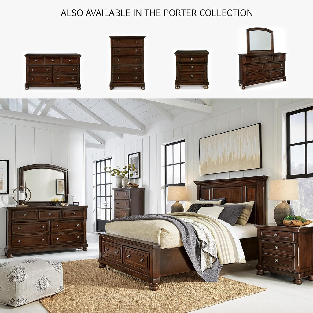Signature Design by Ashley Porter Traditional Smooth-Gliding 7-Drawer Dresser and Mirror with Safety Stop, Felt-Lined Top Drawers and Pull-Out Tray, Dark Brown