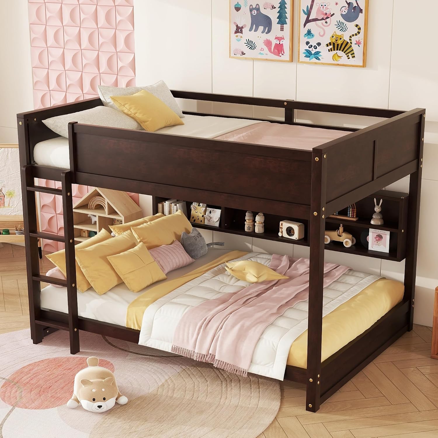 Queen Over Queen Bunk Bed with Built-in Storage Cabinets,Charging Station,Ladder,Safety Guardrails,Solid Pine Wood Bunk Bed for Kids Bedroom