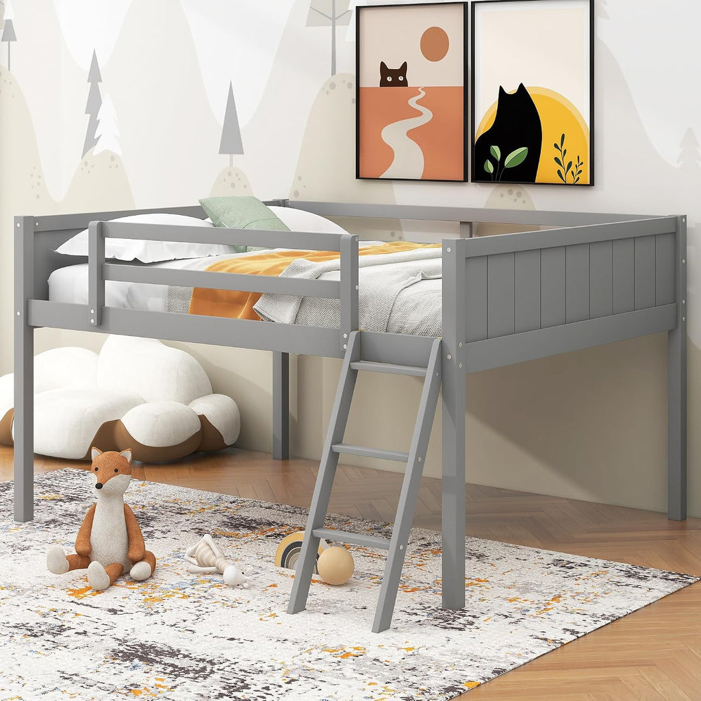 Full Size Loft Bed, Wood Loft Bed with Convertible Ladder, Ladder can be Placed on the Left or Right, Low Loft Bed with Full-Length Guardrails, No Box Spring Required (Gray,Full & Convertible Ladder)