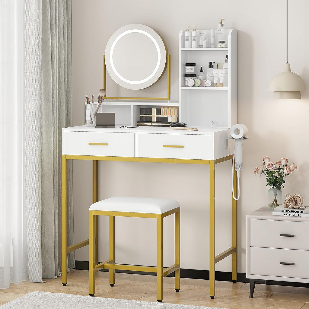 Vanity Desk with Mirror and Light, Makeup Vanity Desk with Rotating Mirror, 3 Colors Adjustable Light, Wood Vanity with 2 Drawers, Stool, Power Outlet, Vanity Set for Bedroom/Dressing Room, Gold