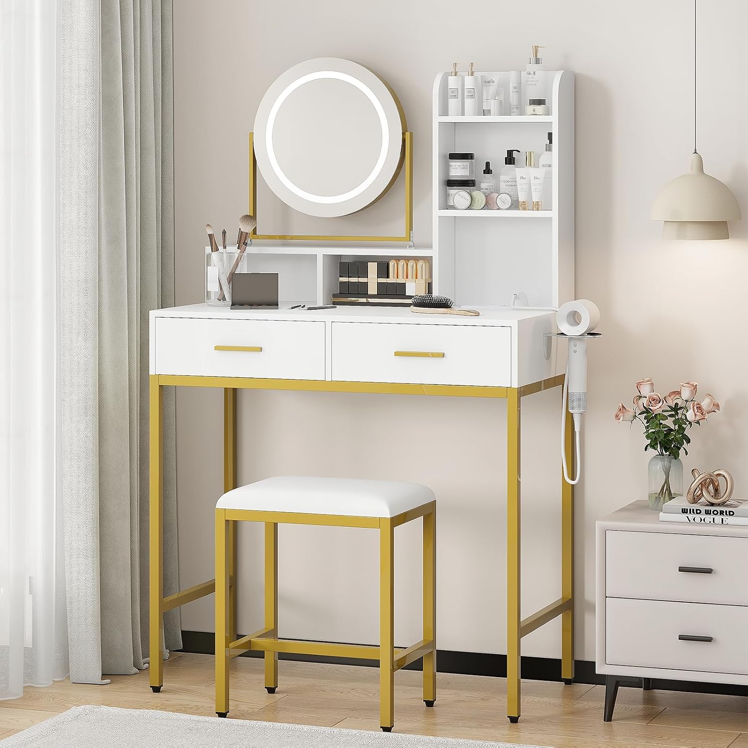 Vanity Desk with Mirror and Light, Makeup Vanity Desk with Rotating Mirror, 3 Colors Adjustable Light, Wood Vanity with 2 Drawers, Stool, Power Outlet, Vanity Set for Bedroom/Dressing Room, Gold