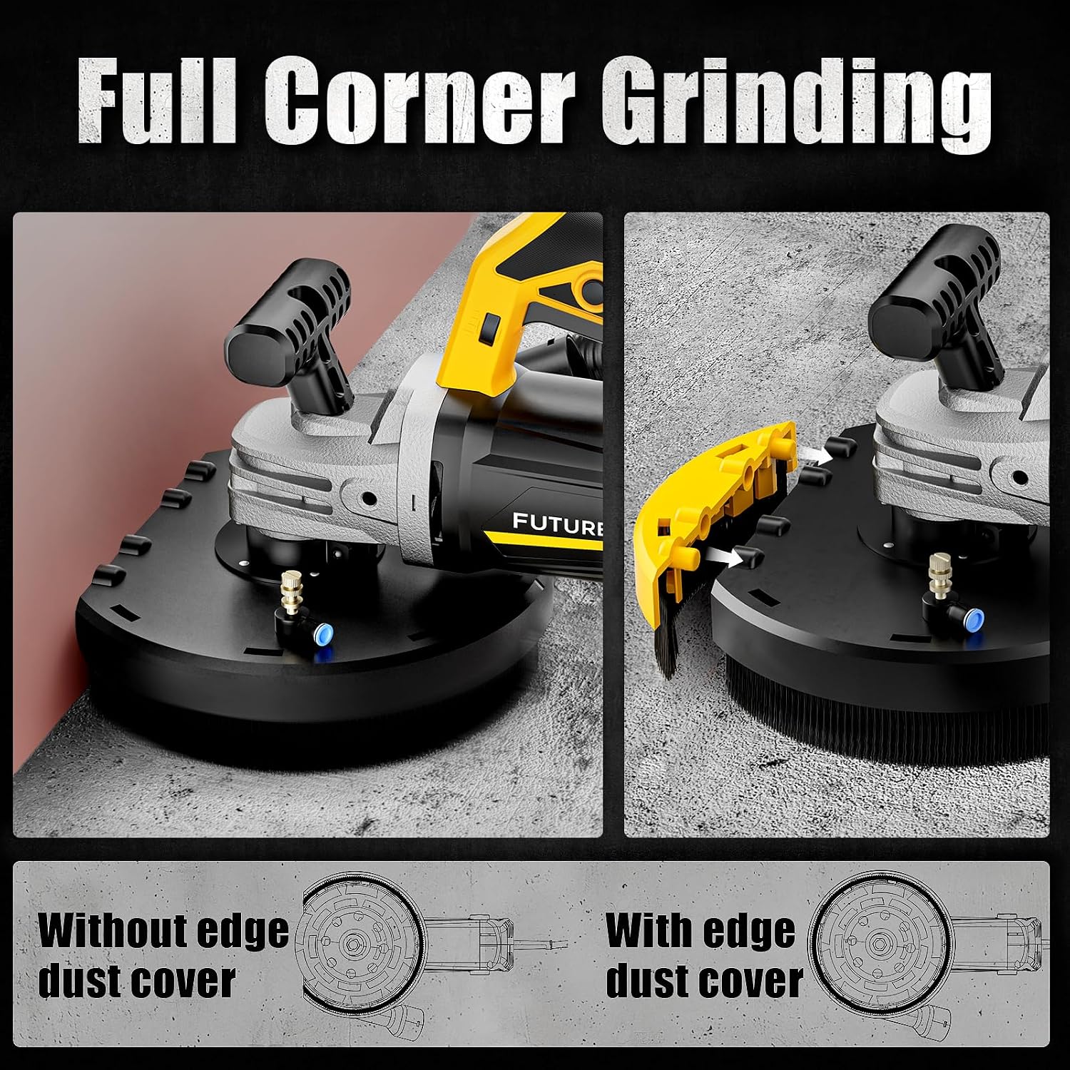 FUTURELAB® 7' 7-Inch Concrete Surface Grinder，Angle Grinder Kit with Dust Shroud, floor grinder, 2200W Motor,Auxiliary Handle, Diamond Wheel, 90° Seamless sanding for Floor, Wall, Adhesive and Ceiling