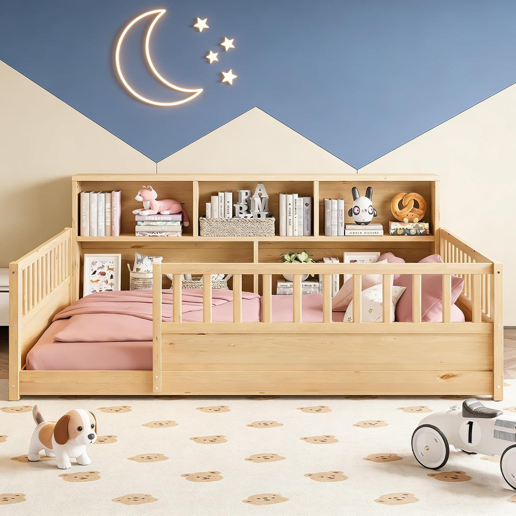 Bellemave Kids Montessori Floor Bed Full Size,Floor Bed Frame with Bookcase and Fence for Kids Boys Girls,Natural