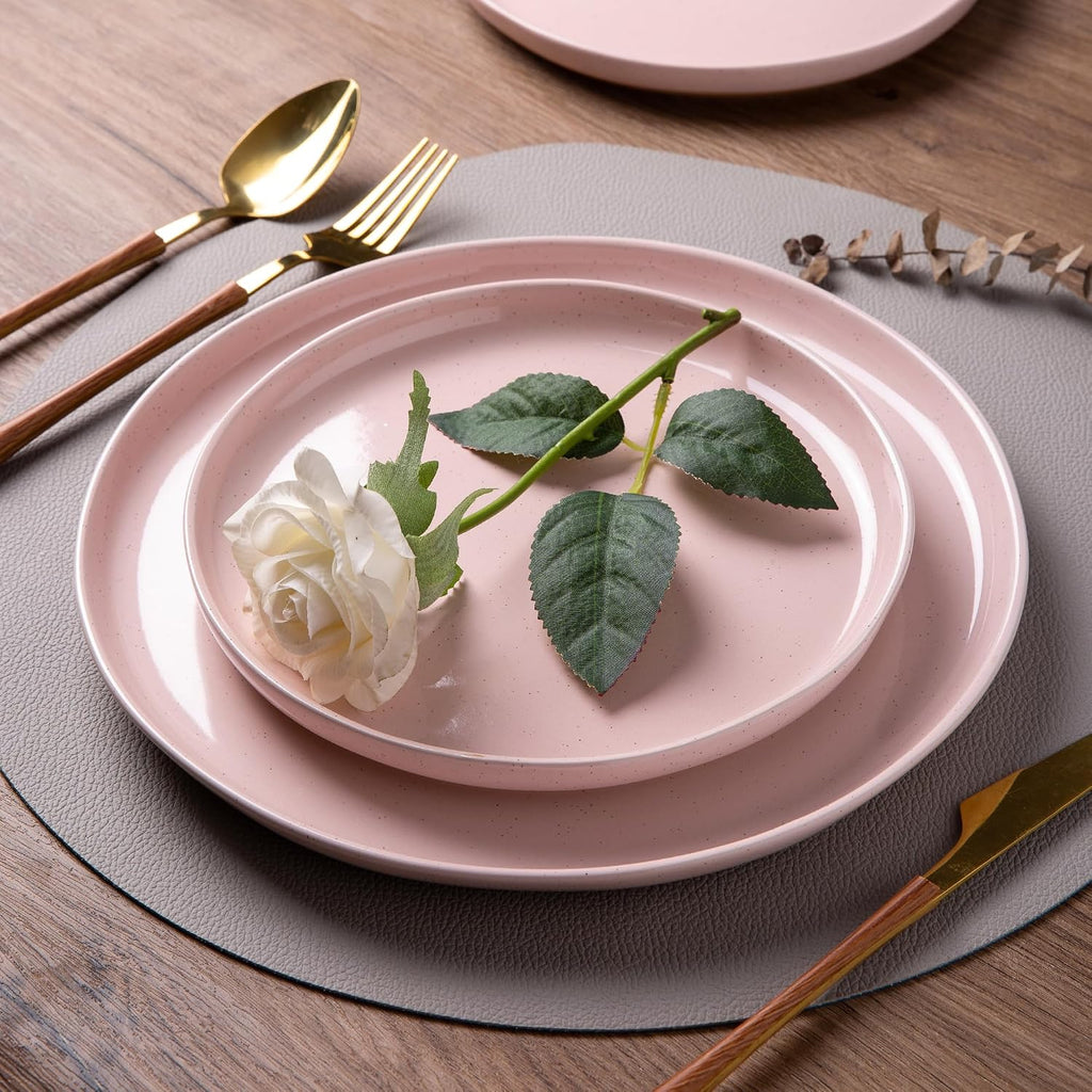 AmorArc Ceramic Dinnerware Sets for 8, 24 Pieces Handpainted Speckled Plates and Bowls Set with Rustic Terracotta Underside, Scratch Resistant Stoneware Dishes Set, Dishwasher & Microwave Safe, Pink