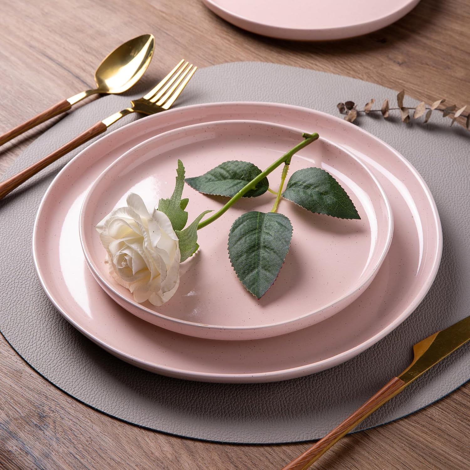 AmorArc Ceramic Dinnerware Sets for 8, 24 Pieces Handpainted Speckled Plates and Bowls Set with Rustic Terracotta Underside, Scratch Resistant Stoneware Dishes Set, Dishwasher & Microwave Safe, Pink