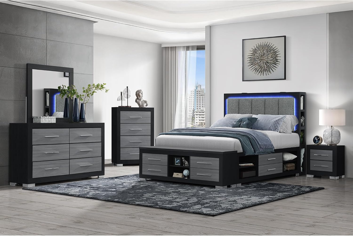 5PC Black Grey Full Bedroom Set FA969