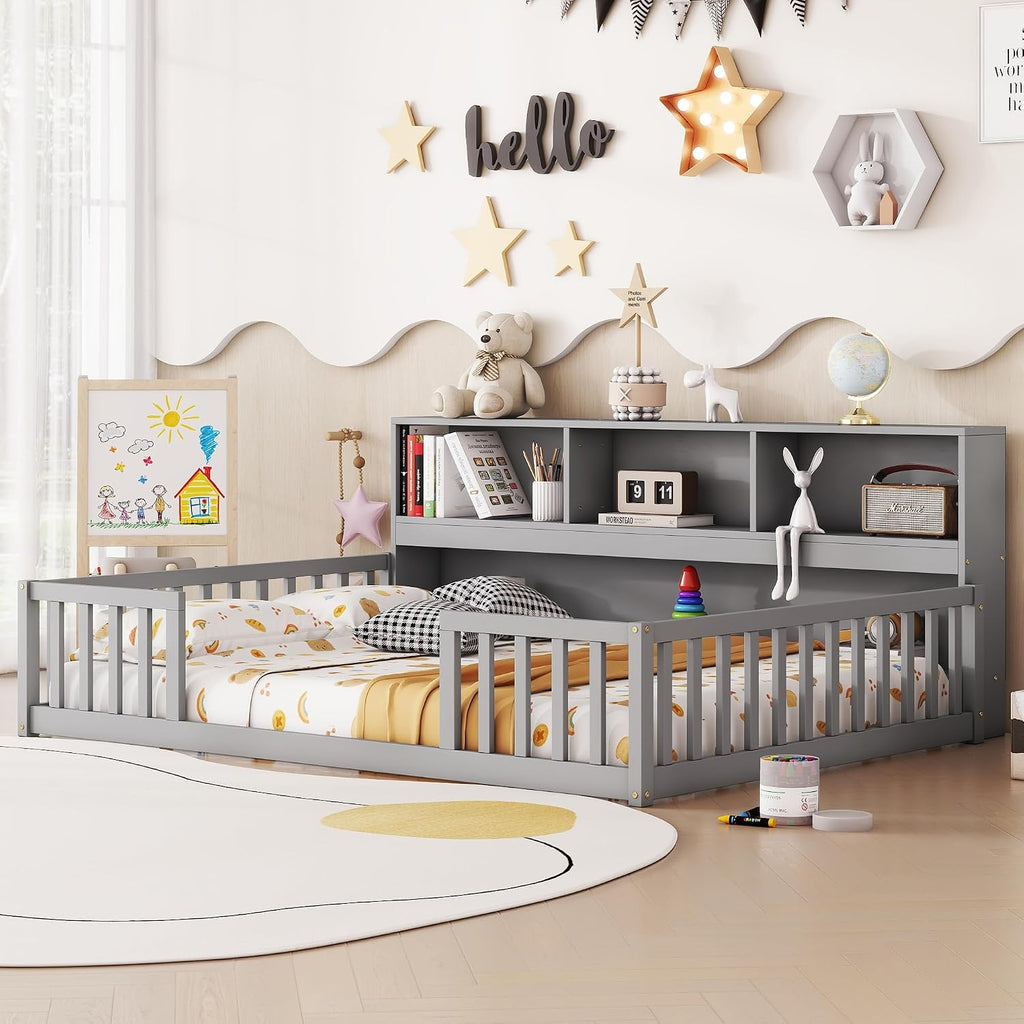 Bellemave Kids Montessori Floor Bed,Full Size Floor Bed with Bookcase and Shelves,Full Bed Frame with Guardrails for Kids,Girls,Boys,Full,Gray
