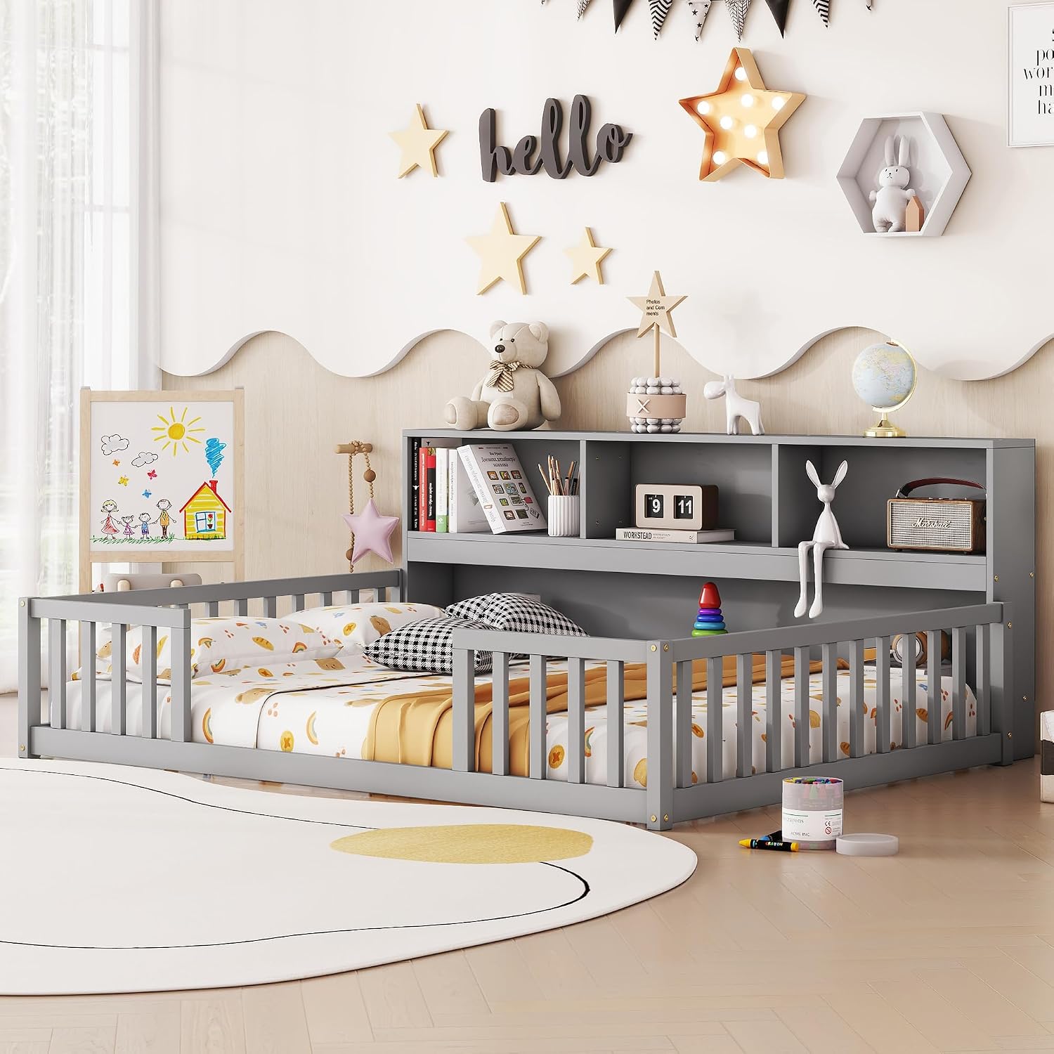Bellemave Kids Montessori Floor Bed,Full Size Floor Bed with Bookcase and Shelves,Full Bed Frame with Guardrails for Kids,Girls,Boys,Full,Gray