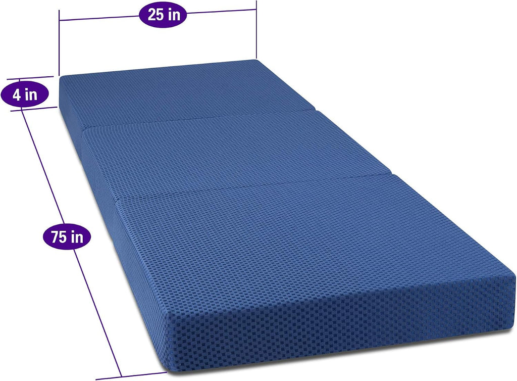 Olee Sleep Tri-Folding Memory Foam Mattress Topper, 4 Inch Gel Folding Mattress for Camping, Foldable Guest Bed, Washable Cover, CertiPUR-US Certified, Soft, Blue, Single Size